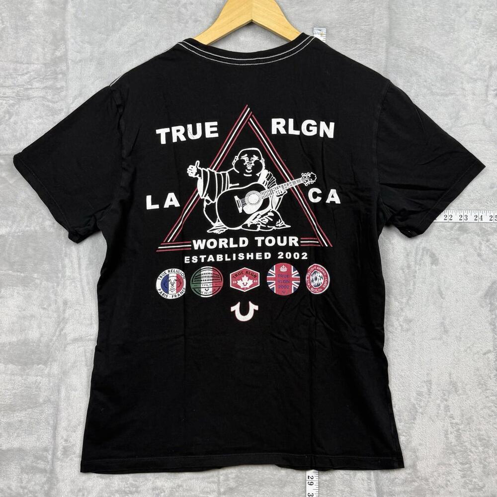 True Religion World Tour Graphic Tee Sz M Black Buddha LA Streetwear Y2K Preppy